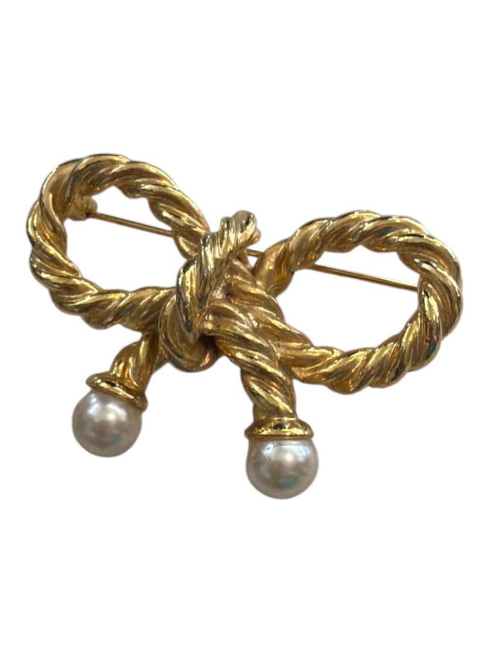 Vintage Gold‑Tone Rope Bow Brooch with Pearl Drops